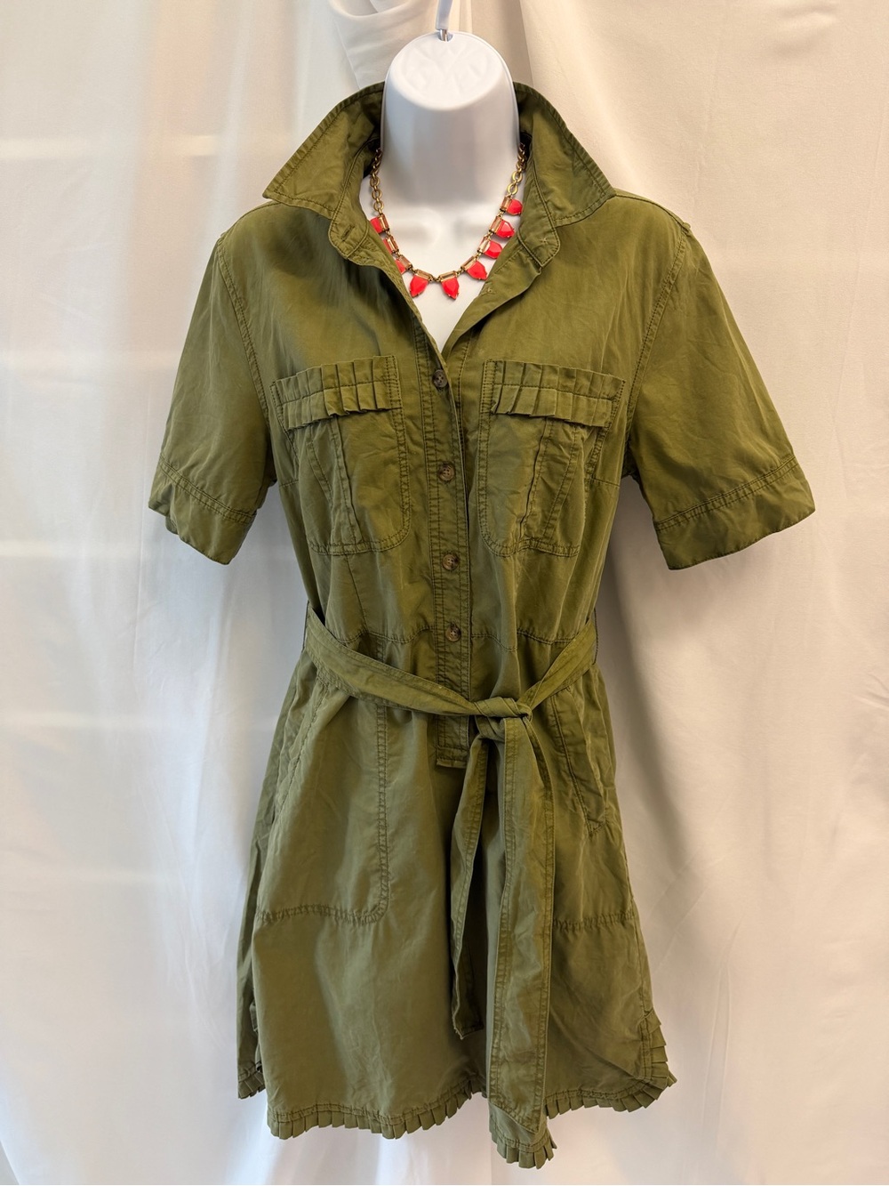 J.Crew Olive Green Utility Safari Dress Pleated Pocket Hem Details Tie Waist